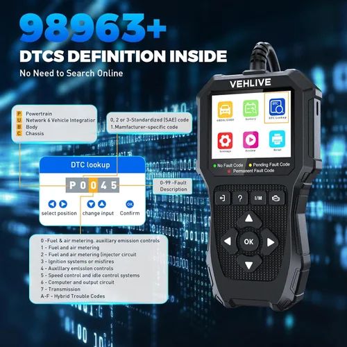 Vista 7 de Herramienta de diagnóstico del escáner OBD2, lector de código de coche con luz de verificación del motor con reinicio, probador de batería, datos