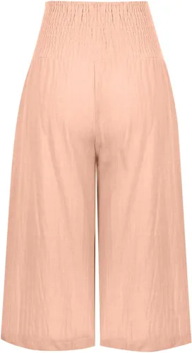 Vista 4 de JEGULV Pantalones capri de lino para mujer, casuales, de cintura alta, pierna ancha, con bolsillo, color sólido, cintura alta, pantalones de yoga