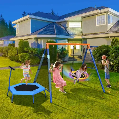 Vista 3 de Juego de columpios para niños 5 en 1 para patio trasero con trampolín, soporte de marco en A resistente de 880 libras, soporte de metal