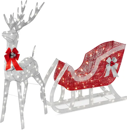 Vista 11 de Best Choice Products Decoración de Navidad iluminada de 4 pies con reno y trineo para exteriores, juego de decoración de patio con 205 luces LED