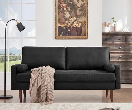 Vista 3 de 58" Loveseat Sofa Couch, Mid Century Modern Faux Leather Couch, Black Hand-Sewn Deep Love Seat & 2 Pillows, Home Sofa Living Room, Small Couches