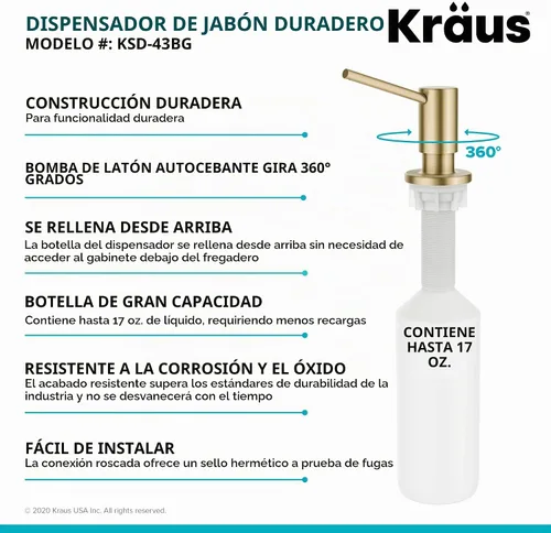 Vista 3 de Dispensador de Jabón y Loción de Cocina Kraus en Oro Cepillado, KSD-43BG