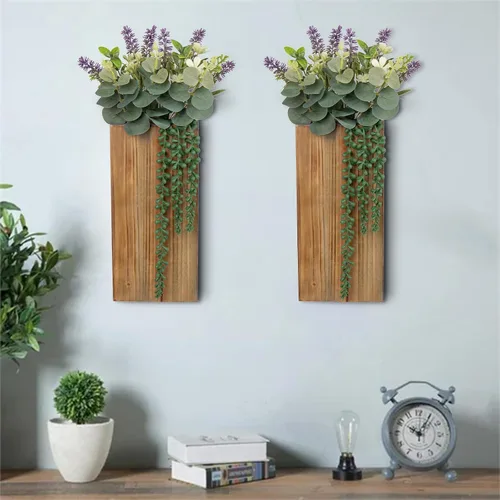 Vista 5 de Macetas de pared de madera, paquete de 2 con plantas de vegetación artificial - jarrones de pared de bolsillo para flores secas - decoración