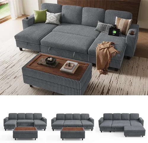 Vista 26 de LINSY HOME Sofá cama seccional con sofá cama extraíble para sala de estar (azul) Plush Corduroy