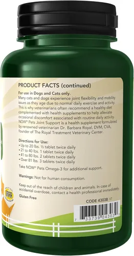 Vista 2 de NOW Pet Health, Suplemento de apoyo articular, formulado para gatos y perros, certificado NASC, 90 tabletas masticables