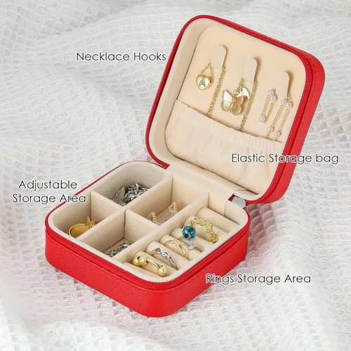 Vista 3 de MJartoria Joyero de viaje, pequeñas cajas de joyería para mujeres y niñas, caja organizadora de joyas portátil roja, regalos de moda