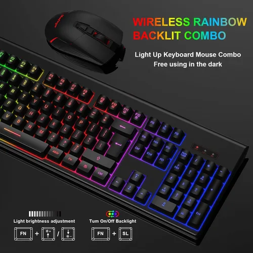 Vista 4 de Teclado y mouse inalámbricos para juegos, teclado inalámbrico recargable con retroiluminación arcoíris y mouse ergonómico con iluminación
