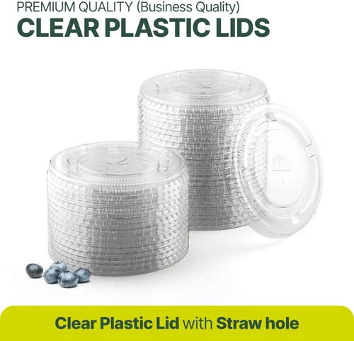 Vista 2 de L2K Tapas planas de plástico PET transparente con ranura para popote (paquete de 50) para 12, 16, 20, 24 onzas. Se adapta a vasos de plástico ultra