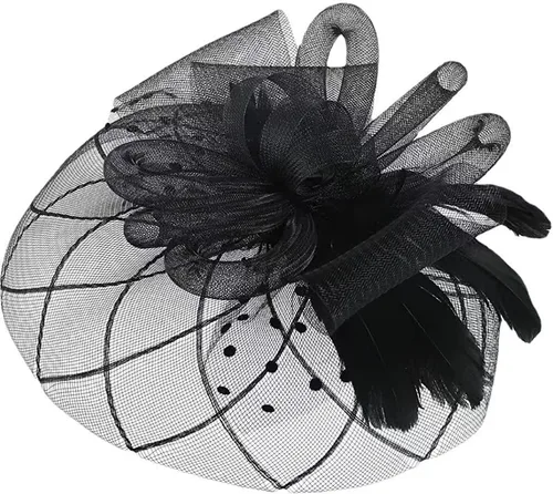 Vista 2 de Tocado Sombrero Fiesta de Té Cintas Plumas en una Diadema y un Clip