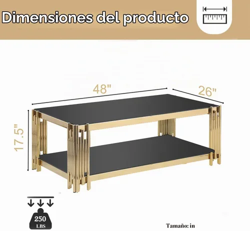 Vista 2 de SSLine Mesa de centro de cristal negro con marco de acero inoxidable dorado, mesa de centro rectangular de lujo de 2 niveles para sala de estar Café