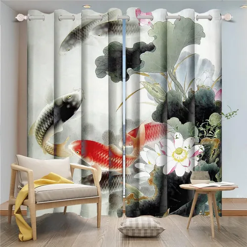 Vista 3 de Renaiss Cortinas de carpa para ventana, 29 pulgadas de ancho x 45 pulgadas de alto, pintura de tinta oriental, hojas de loto, lirio de agua negro