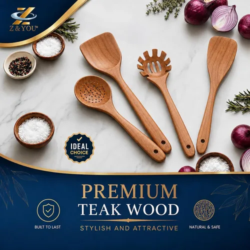 Vista 2 de Juego de utensilios de madera de teca extra grandes de 4 piezas, espátula de madera antiadherente para cocinar, cuchara espumadera y cuchara
