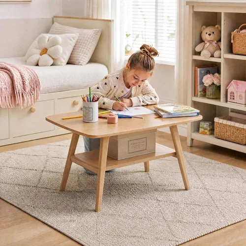 Vista 4 de Mesa de centro pequeña para sala de estar, mesas pequeñas modernas de 2 niveles de mediados de siglo con almacenamiento en estantes, mesa de centro