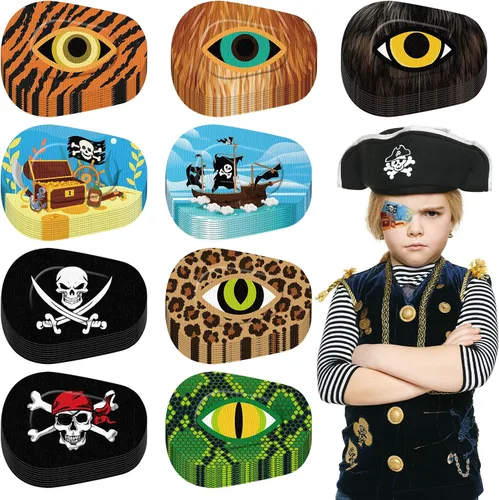 Vista 7 de Panelee Parches adhesivos para los ojos para niños, parche para ojos de pirata de Halloween, material transpirable, bloqueo de luz, algodón, diseños