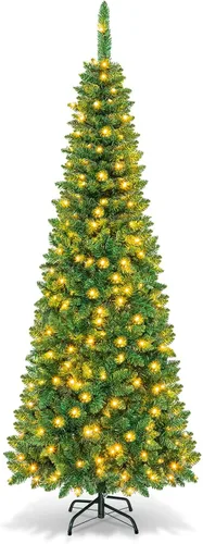 Vista 12 de Goplus Árbol de Navidad de Lápiz Preiluminado de 4.5 pies, Abeto con Bisagras de Alta Calidad, con Luces LED Blancas Cálidas y Soporte de Metal Verde
