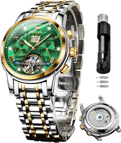 Vista 4 de OLEVS Relojes de esqueleto para hombre, reloj de pulsera de diamantes de lujo, automático, mecánico, automático, luminoso, impermeable