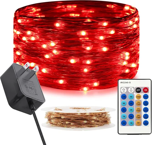 Vista 12 de RUICHEN Cadena de luces LED de alambre de cobre regulable de 33 pies, 100 luces LED enchufables con control remoto, blanco cálido