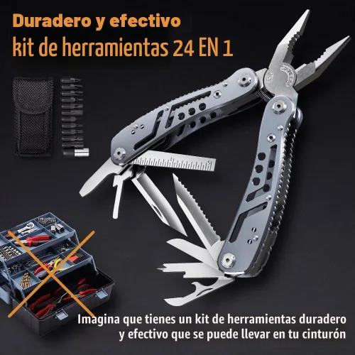 Vista 3 de Multiherramienta 24 en 1 con cuchillo, alicates y 11 puntas de acero inoxidable afilado, multiherramienta para hombres, equipo ideal