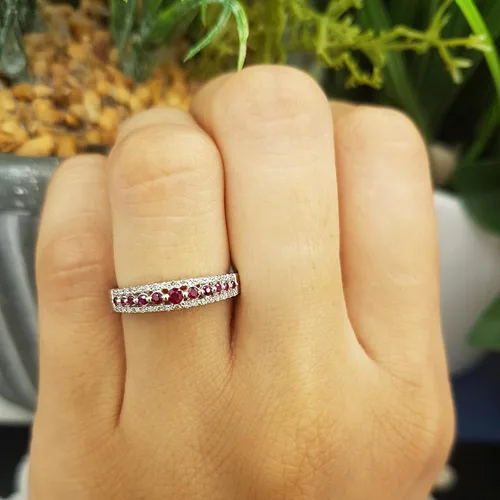 Vista 2 de Dazzlingrock Collection Round Gemstone or Diamond & White Diamond Triple Row Anniversary Ring for Women in Gold
