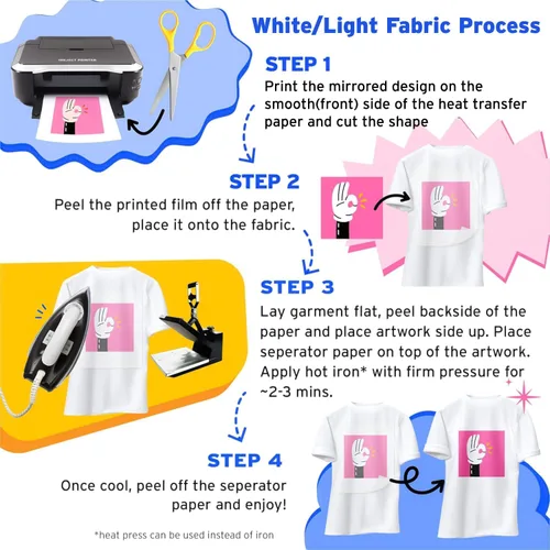 Vista 6 de Printers Jack - Papel termotransferible para tela oscura y clara, paquete de 10 hojas para tela oscura + 10 hojas para tela clara, papel