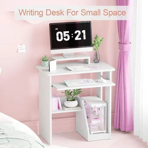 Vista 29 de Escritorio pequeño para computadora para oficina en casa, mesa de juegos compacta para computadora de escritorio y portátil, con cajón
