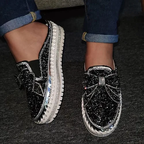 Vista 3 de Hbeylia Zapatos deportivos sin cordones para mujer, con lentejuelas y diamantes de imitación, diseño de lazo, plataforma, transpirables
