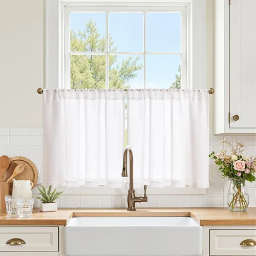 Vista 40 de Jinchan - Cortinas de cocina de lino rústico beige con bolsillo para barra, 26 x 36 pulgadas, 2 paneles