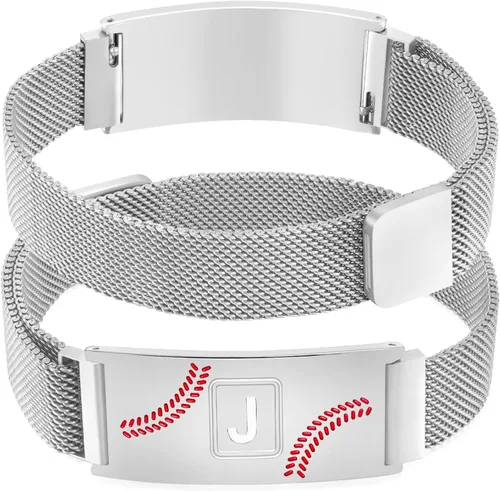 Vista 26 de Fervia Regalos de graduación de Pascua para hombres, pulsera con inicial de béisbol, color negro, plateado, dorado, acero inoxidable, pulseras