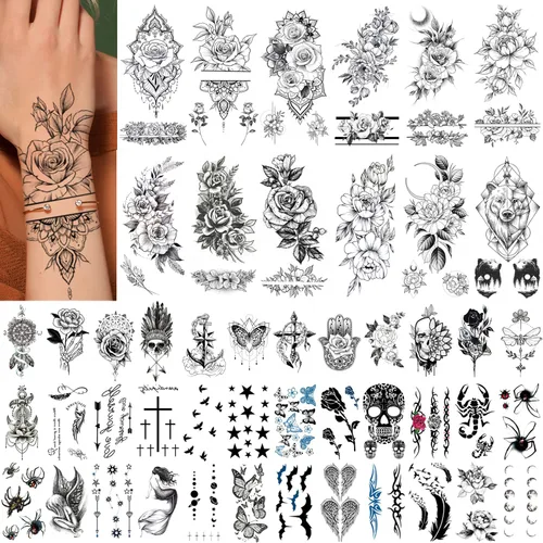 Vista 9 de GLARYYEARS Tatuaje temporal para hombres, paquete de 48 12 tatuajes falsos grandes, 36 pequeños tatuajes falsos, calcomanías realistas de larga
