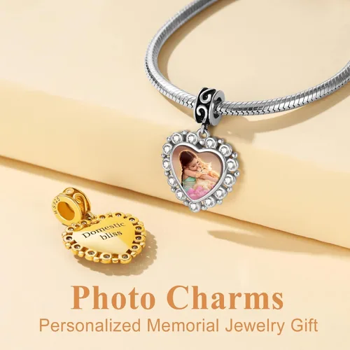Vista 40 de Custom4U Photo Charms for Bracelets 925 Sterling Silver/Gold Plated Heart/Tree of Life/Round Charm Bead Personalized with Picture Custom