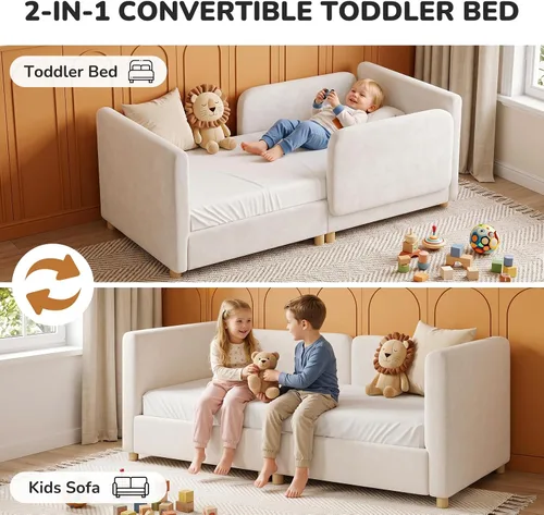Vista 5 de DoCred Cama infantil, cama tapizada para niños y niñas Camas de suelo para niños pequeños con rieles extraíbles, cama suave de perfil bajo para B