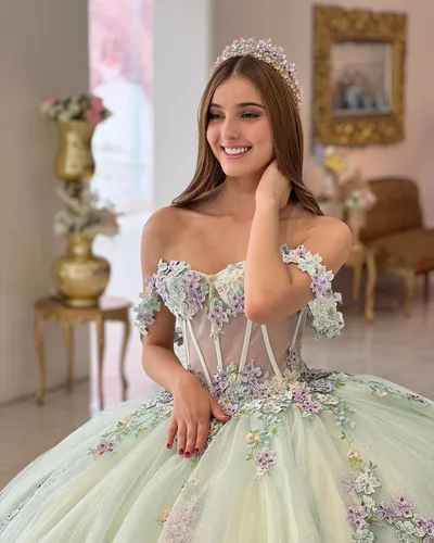 Vista 4 de Mouccy Vestido de quinceañera de encaje brillante perlado con cuentas dulces 16 vestido de baile de tul floral 3D fuera del hombro vestido de baile