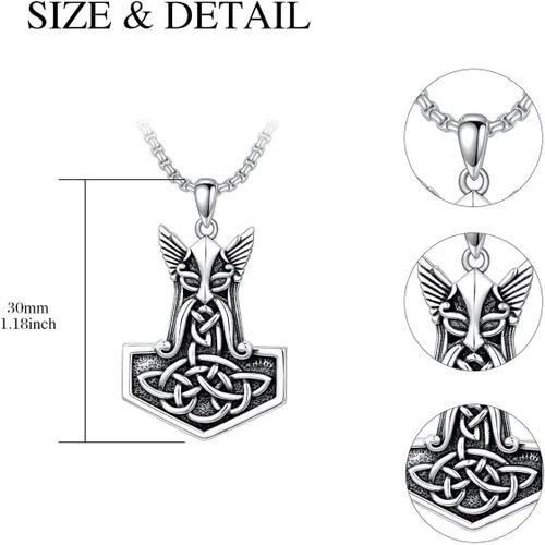 Vista 2 de Collar vikingo para hombre, plata de ley 925, lobo vikingo, martillo de Thors, vegvisir, árbol de la vida, brújula, colgante nórdico, amuleto
