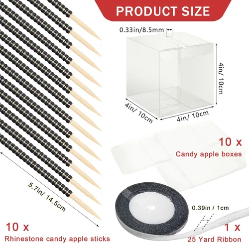 Vista 2 de 10+10 cajas de manzana de caramelo con agujero y palos, 10 palitos de manzana con diamantes de imitación brillantes, 10 cajas con agujero, cinta