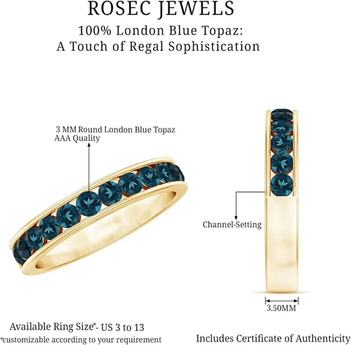 Vista 5 de Anillo de media eternidad con topacio azul londinense certificado para mujer, calidad AAA, anillo de piedra natal de diciembre, listo para regalar