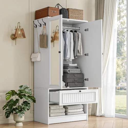 Vista 8 de iPormis Armario de madera con puerta de espejo y cajón, armario para recámara con 2 puertas para colgar ropa, color blanco