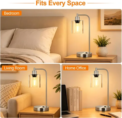Vista 9 de Juego de 2 lámparas de mesa con control táctil industrial - Lámparas de mesita de noche en níquel cepillado con 2 puertos USB y enchufe de CA