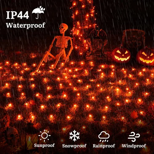 Vista 7 de Red de luces naranjas de Halloween para exteriores, luces de malla