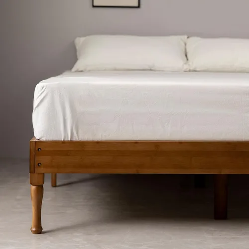 Vista 4 de Marco de cama de plataforma de madera de bambú de 14 pulgadas, soporte de listones de madera, no necesita somier, fácil montaje, café, tamaño Queen