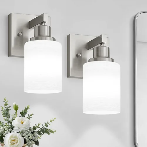 Vista 14 de Juego de 2 apliques de pared para baño, 1 luz negra, apliques de pared modernos para interiores con pantallas de vidrio blanco, lámpara de pared
