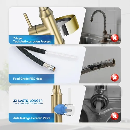 Vista 7 de Grifo de cocina dorado con rociador, grifo de fregadero de cocina de una sola manija con rociador extraíble, bronce champán, Arofa Pull down, 360°