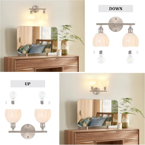 Vista 12 de Shenmoyl Lámparas de baño, lámpara de pared de 2 luces para tocador sobre espejo con pantalla de vidrio tulipán blanco para dormitorio, sala