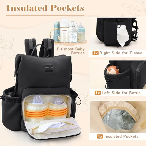 Vista 3 de miss fong Mochila para pañales – Bolsa de pañales para bebé, bolsa de neopreno, mochila de neopreno de gran capacidad con cambiador de pañales
