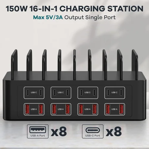 Vista 2 de Estación de carga de 150W/35A para múltiples dispositivos, RUANSZZ Estación de carga rápida de 16 puertos USB-C, Organizador de carga múltiple