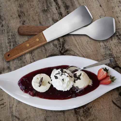 Vista 7 de Patelai 2 piezas de pala de helado de acero inoxidable con mango de madera, pala de mantequilla para postre, pala de metal plano para comedor
