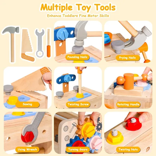 Vista 2 de TONZE Juego de herramientas para niños con delantal, caja de banco de herramientas de madera para niños pequeños, juguetes Montessori para niños