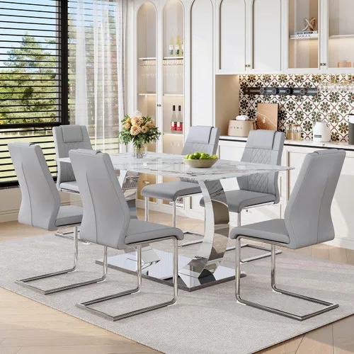 Vista 20 de Juego de mesa de comedor de mármol para 4, moderna mesa de oro blanco de 63 pulgadas con patas de marco de forma intercambiable y sillas de comedor