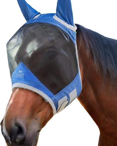 Vista 167 de Harrison Howard Máscara de mosca de caballo luminosa profesional estándar con orejas protección UV para caballo, azul y plateado, pequeño poni Azul