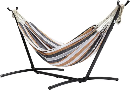 Vista 12 de Amazon Basics Hamaca doble con soporte de acero de 9 pies que ahorra espacio y funda de transporte, 2 personas, capacidad de 450 libras, rayas beige