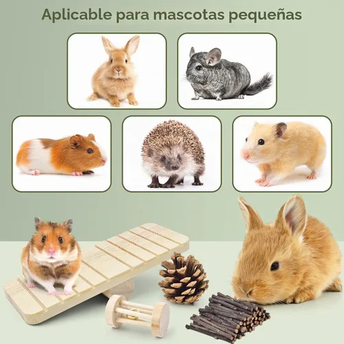 Vista 5 de ERKOON Paquete de 12 juguetes masticables de hámster, rata jerbo, conejillo de indias, chinchilla, accesorios para jaulas, mancuernas de madera
